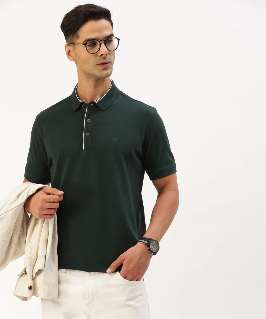 Men’s Forest Green Solid Polo T-Shirt – Fresh Minimal Smart Casual Wear