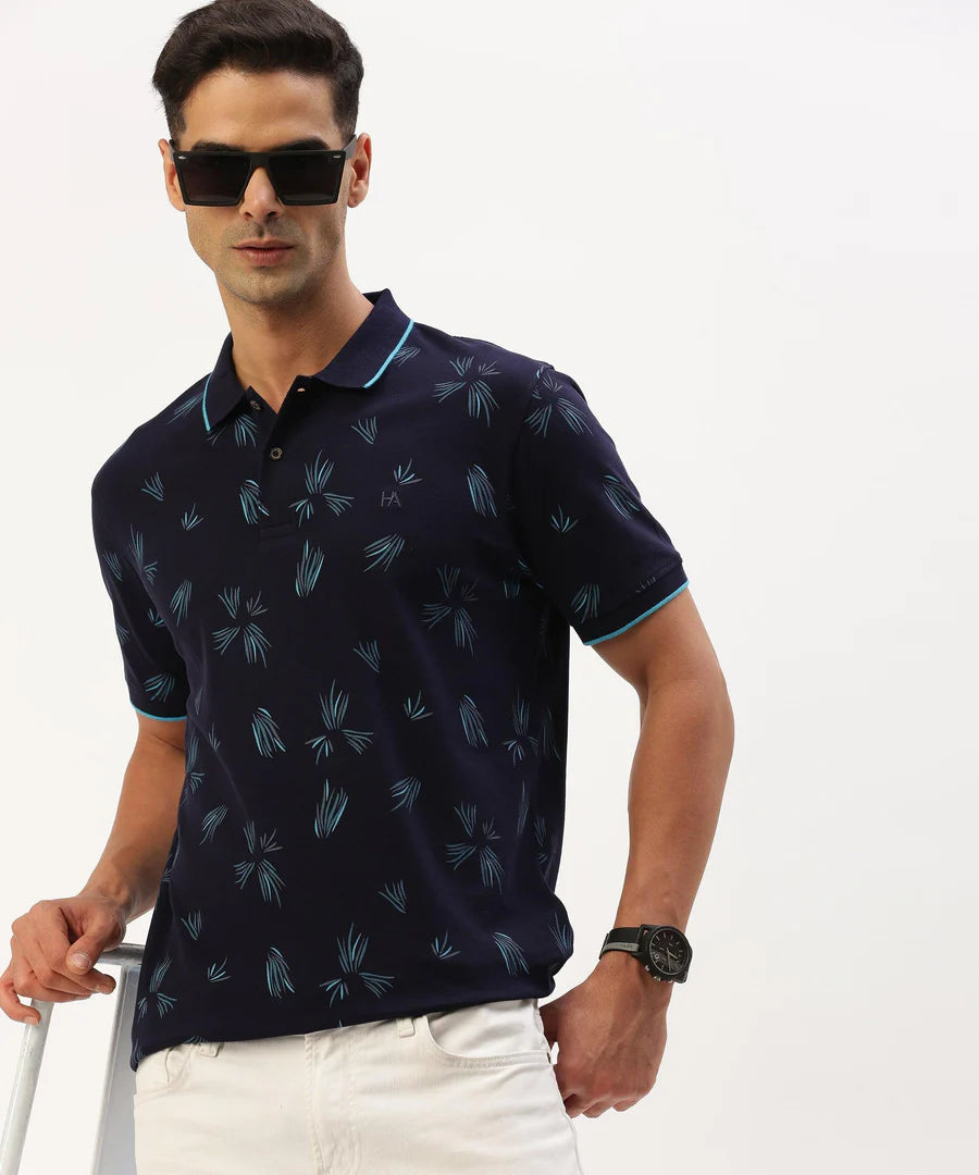 Men’s Navy Printed Polo T-Shirt – Refined Pattern Smart Casual Essential