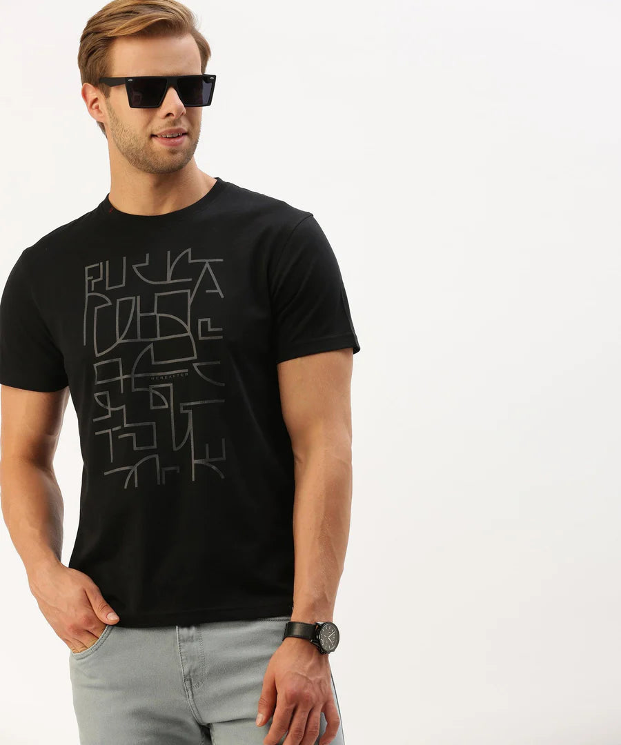 Men’s Jet Black Graphic Crew Neck T-Shirt – Bold Statement Streetwear Essential