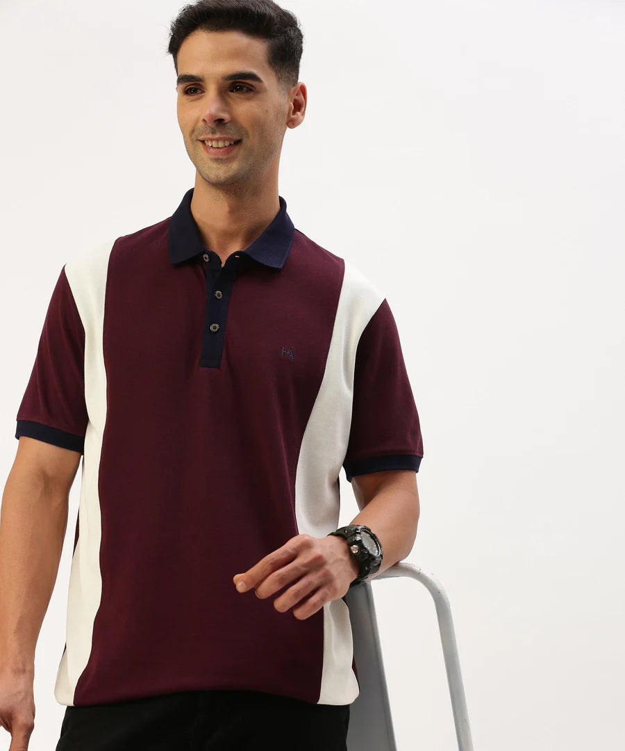 Men’s Deep Wine Color Block Polo T-Shirt – Bold Contrast Premium Smart Casual Wear