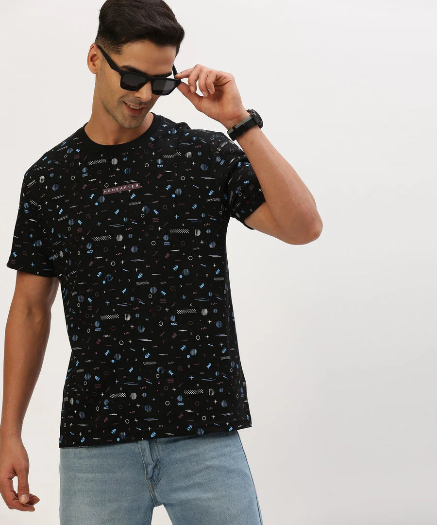 Men’s Jet Black Printed Crew Neck T-Shirt – Statement Graphic Casual Essential