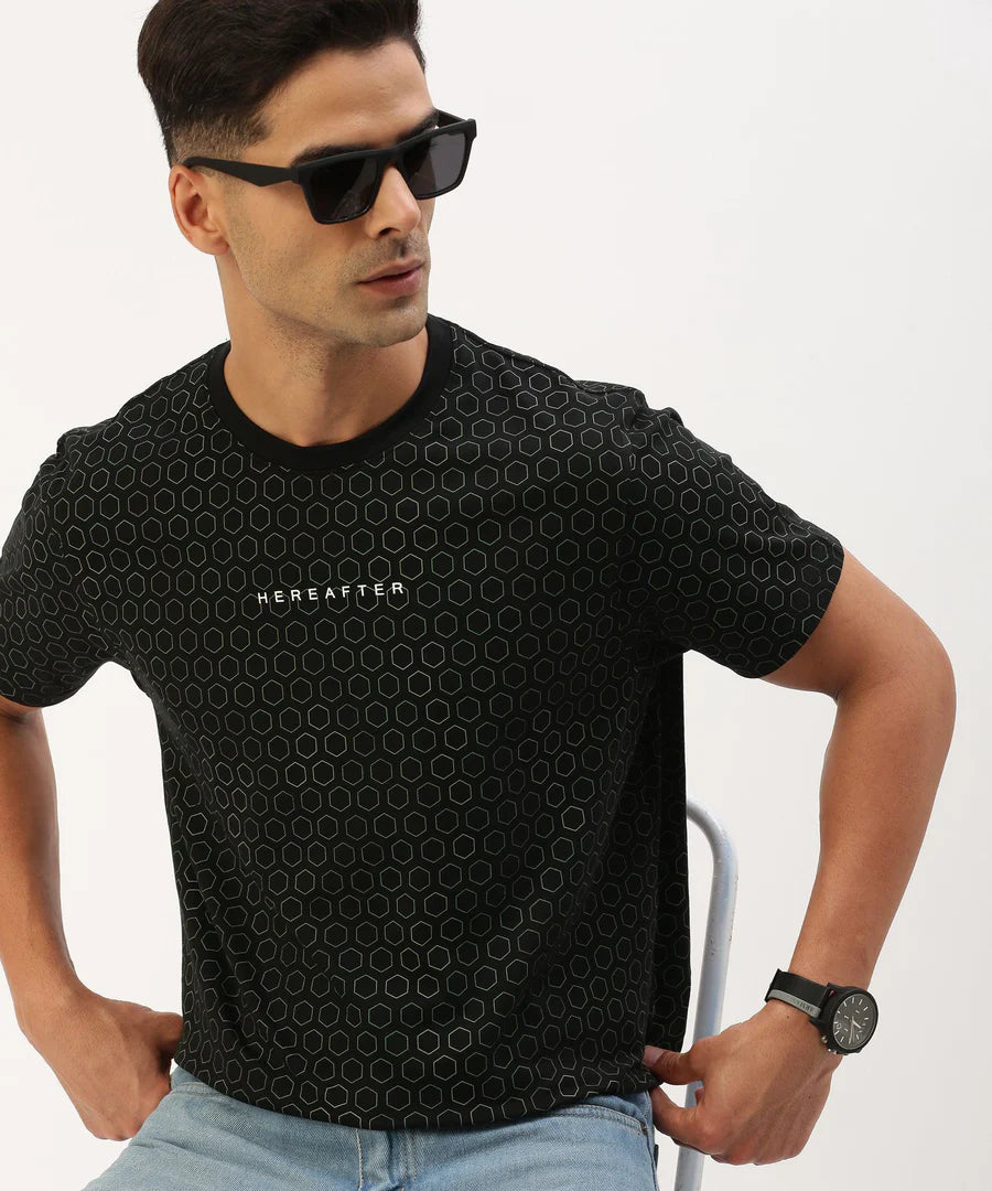 Men’s Jet Black Printed Crew Neck T-Shirt – Bold Detail Premium Casual Essential