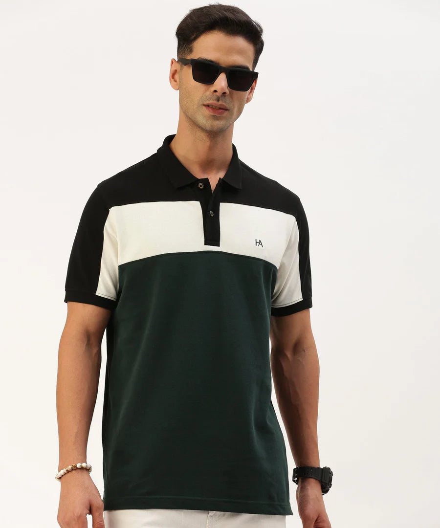 Men’s Black Color Block Polo T-Shirt – Bold Panel Contrast Smart Casual Essential