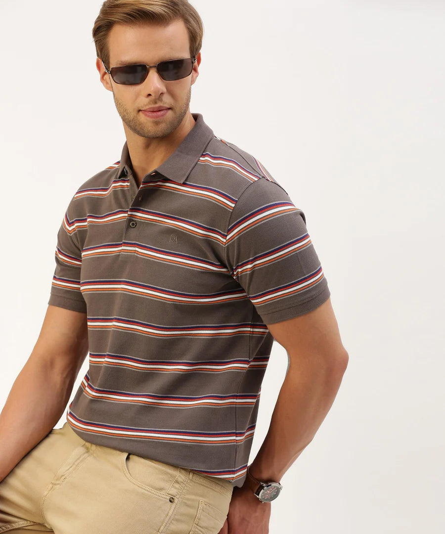 Men’s Dark Grey Striped Polo T-Shirt – Sleek Contrast Smart Casual Essential