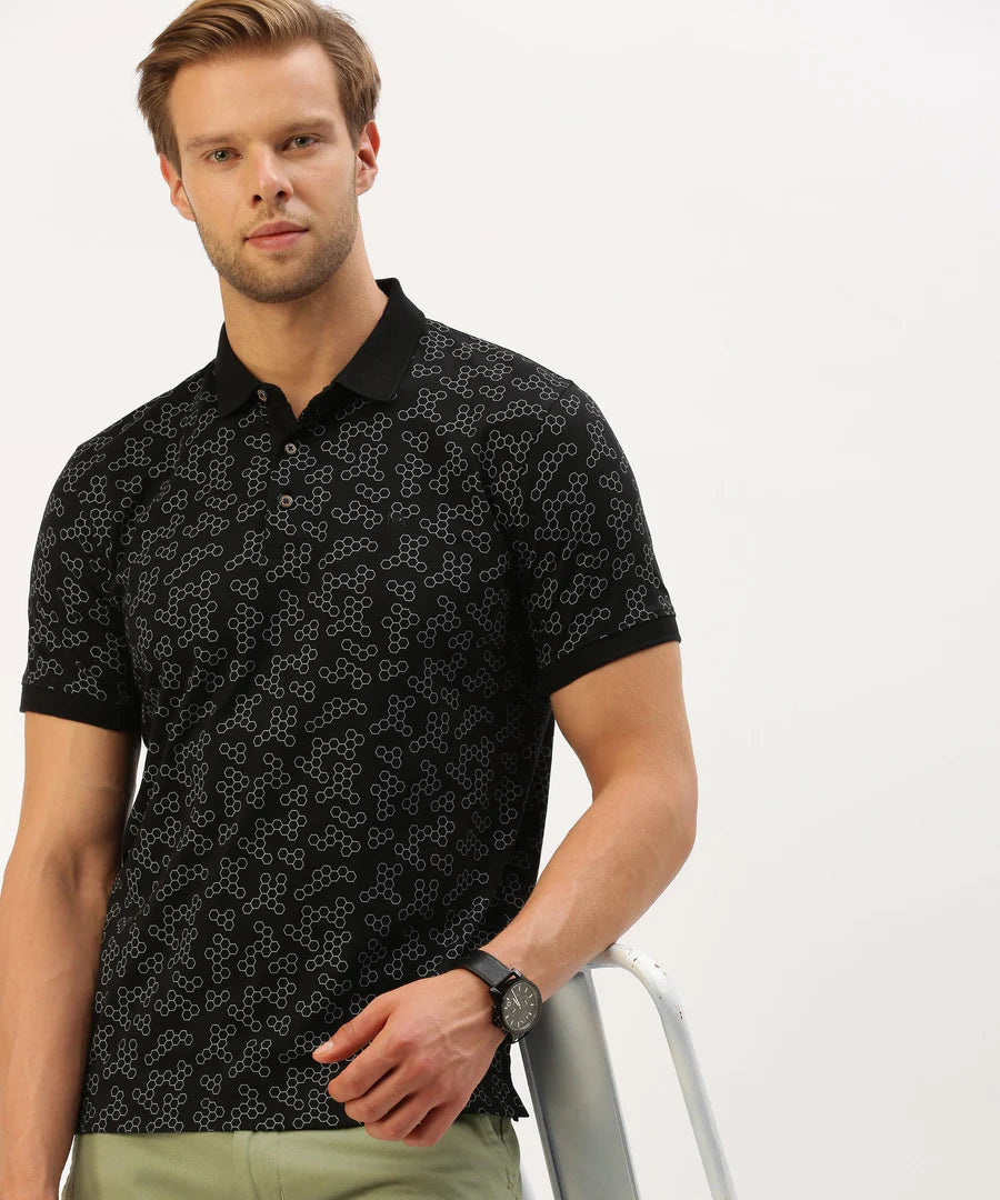 Men’s Black Printed Polo T-Shirt – Bold Pattern Smart Casual Essential