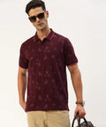 Men’s Deep Wine Printed Polo T-Shirt – Rich Pattern Premium Smart Casual Wear