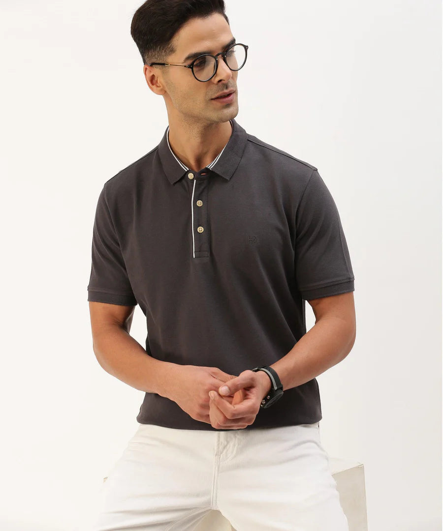 Men’s Dark Grey Solid Polo T-Shirt – Modern Minimal Smart Casual Essential