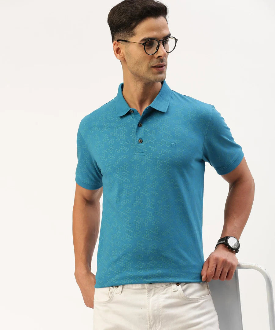 Men’s Teal Blue Printed Polo T-Shirt – Contemporary Pattern Smart Casual Essential