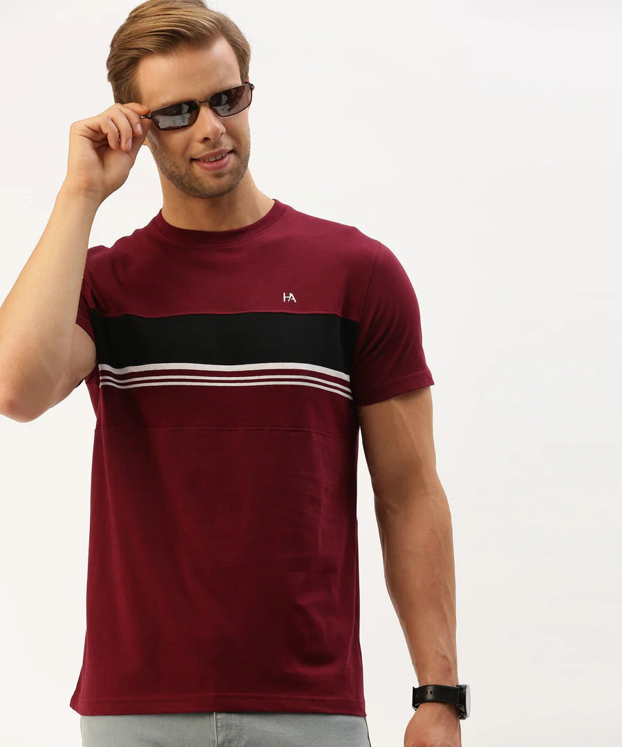 Men’s Burgundy Striped Crew Neck T-Shirt – Rich Contrast Casual Essential