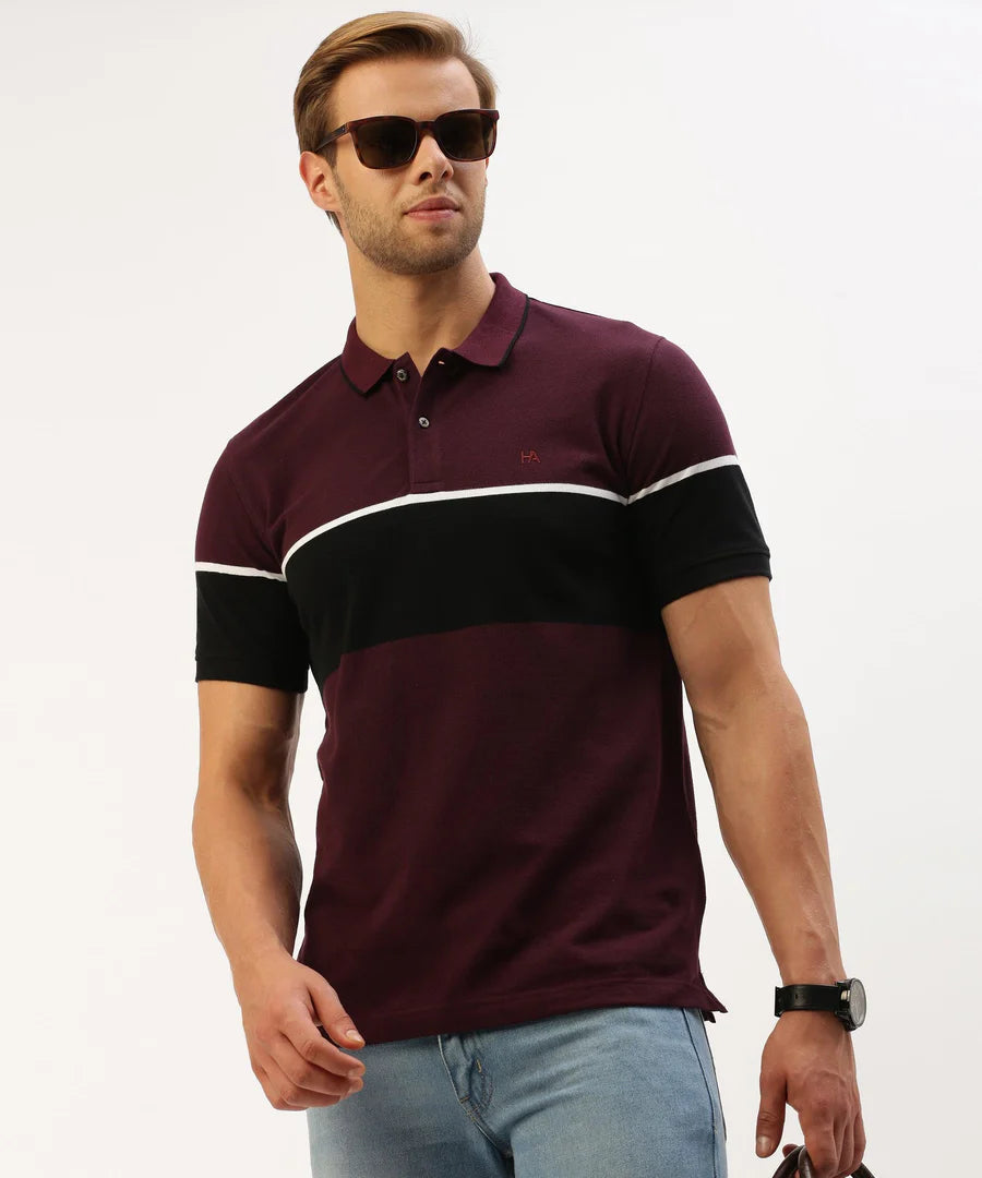 Men’s Wine Striped Polo T-Shirt – Rich Contrast Premium Smart Casual Wear