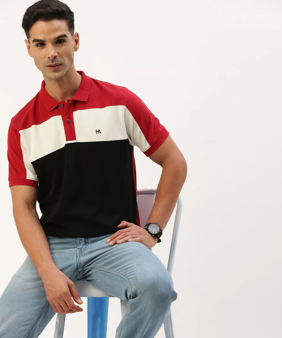 Men’s Crimson Red Color Block Polo T-Shirt – Bold Contrast Smart Casual Essential
