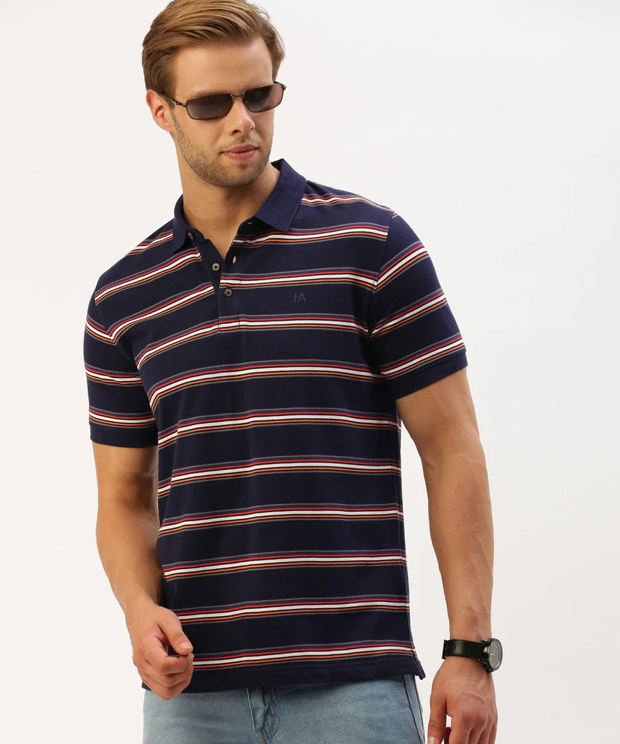Men’s Navy Striped Polo T-Shirt – Refined Line Detail Smart Casual Wear