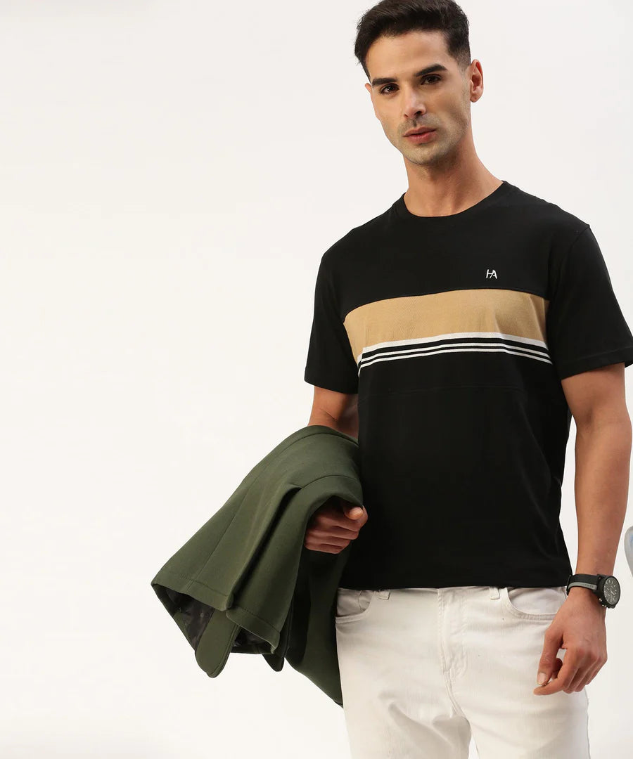 Men’s Jet Black Striped Crew Neck T-Shirt – Sharp Contrast Everyday Essential