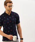 Men’s Midnight Navy Printed Polo T-Shirt – Premium Pattern Smart Casual Essential