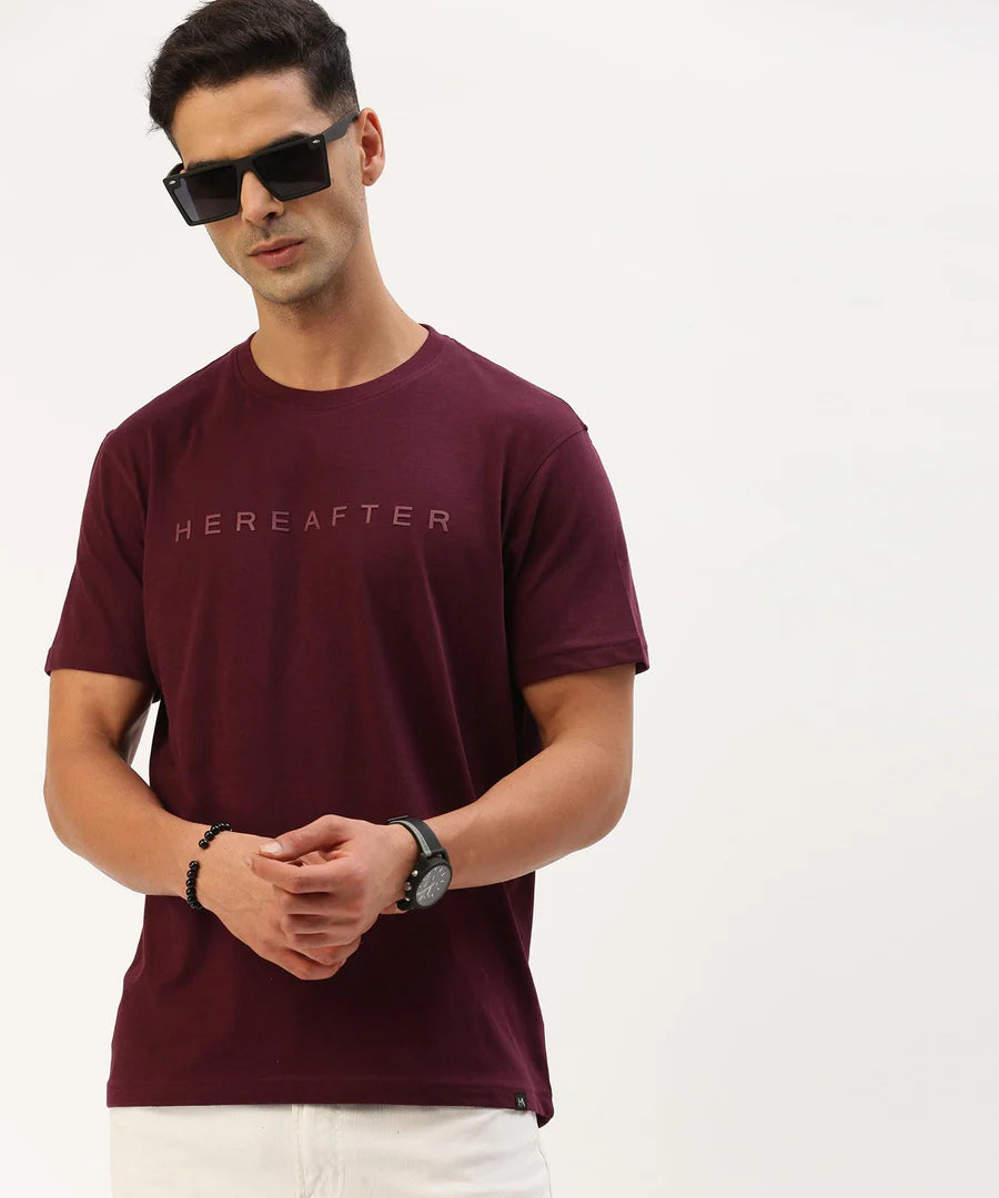 Men’s Deep Wine Logo Detail Crew Neck T-Shirt – Premium Signature Casual Wear