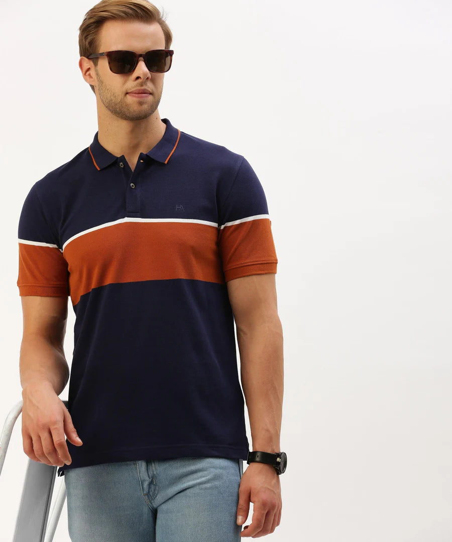 Men’s Navy Stripe Pattern Polo T-Shirt – Sharp Contrast Smart Casual Essential