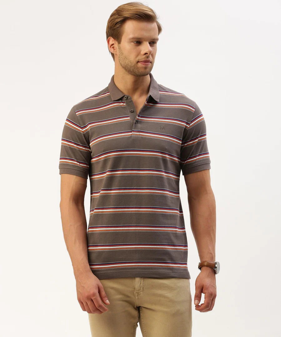 Men’s Dark Grey Striped Polo T-Shirt – Sleek Contrast Smart Casual Essential