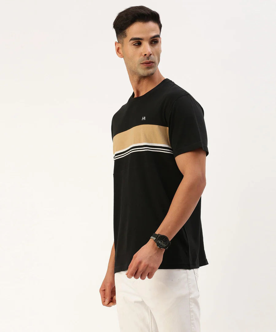 Men’s Jet Black Striped Crew Neck T-Shirt – Sharp Contrast Everyday Essential