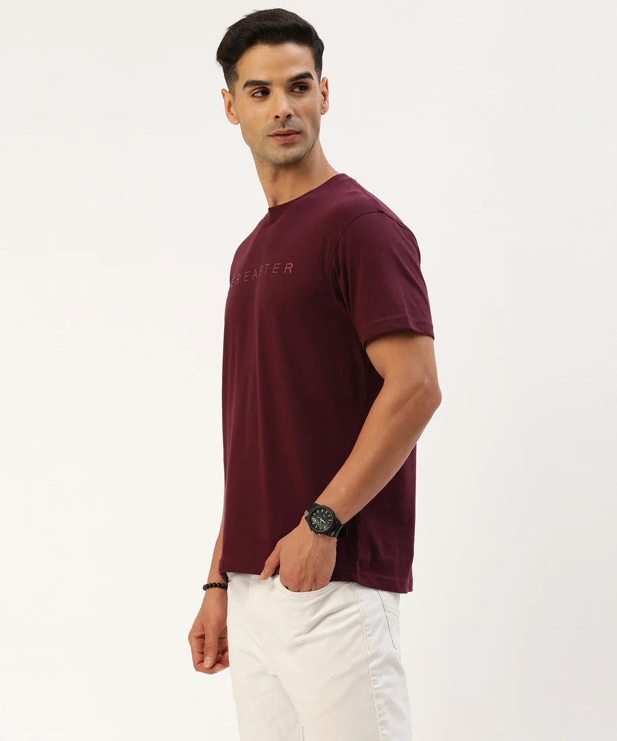 Men’s Deep Wine Logo Detail Crew Neck T-Shirt – Premium Signature Casual Wear