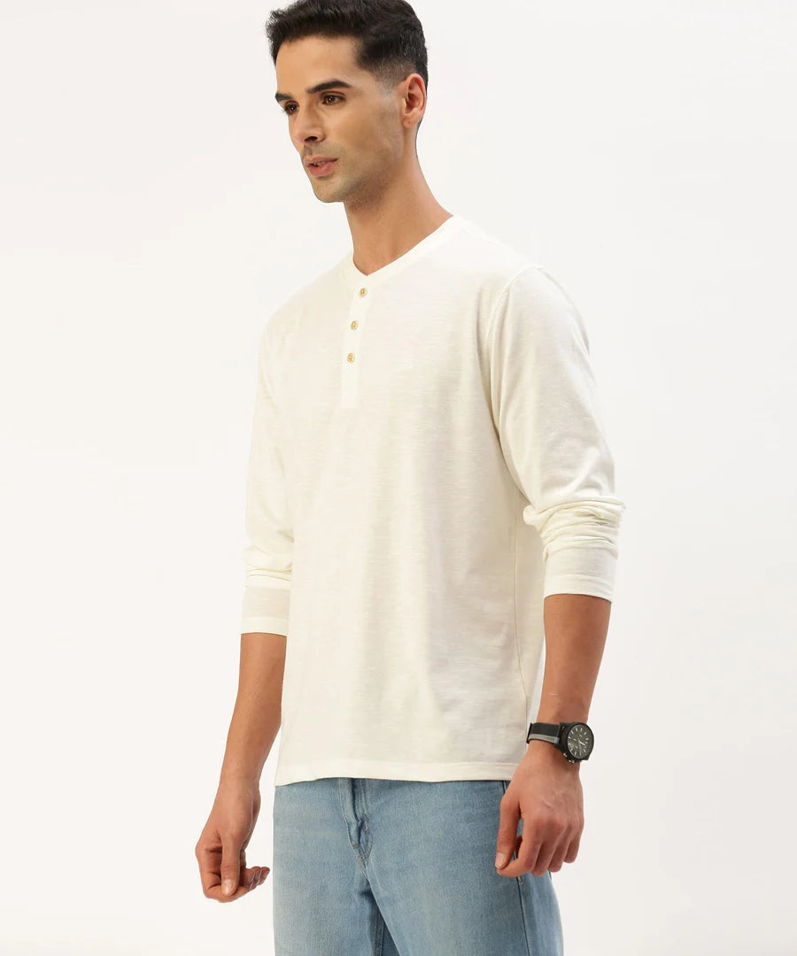 Men’s Ecru Solid Henley Neck T-Shirt – Clean Neutral Premium Everyday Wear