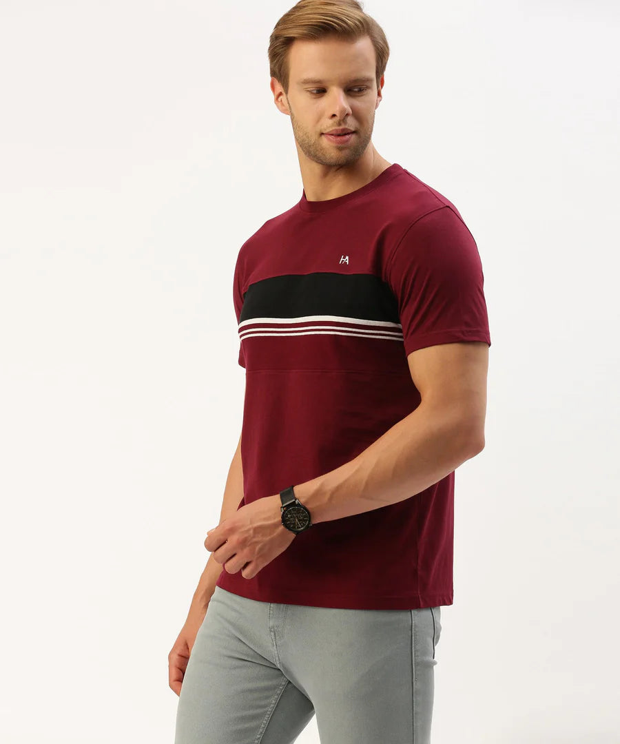 Men’s Burgundy Striped Crew Neck T-Shirt – Rich Contrast Casual Essential