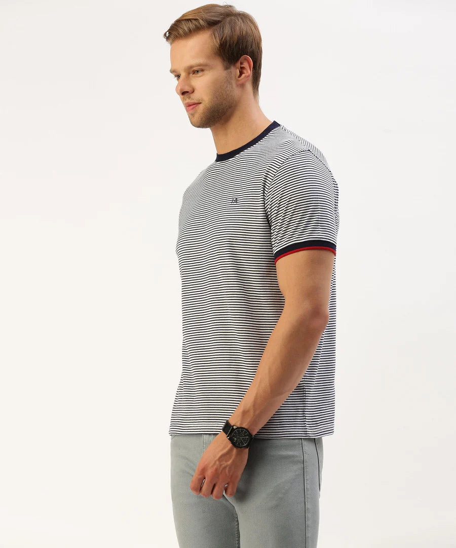 Men’s Navy Striped Crew Neck T-Shirt – Clean Line Casual Essential