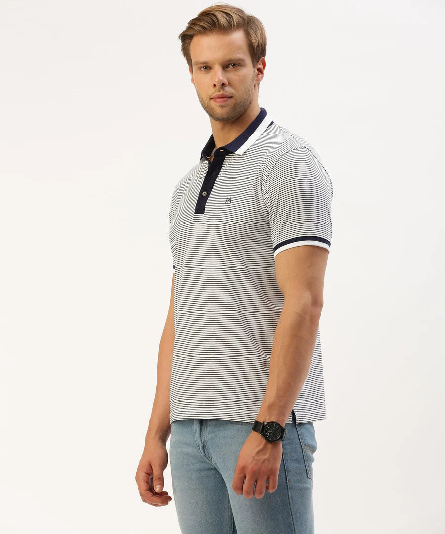 Men’s Navy Striped Polo T-Shirt – Classic Contrast Everyday Essential