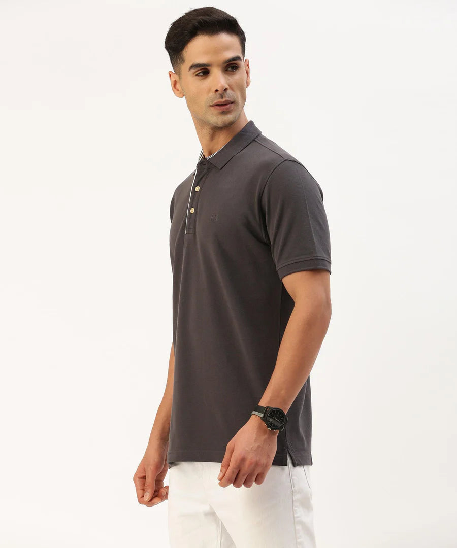 Men’s Dark Grey Solid Polo T-Shirt – Modern Minimal Smart Casual Essential