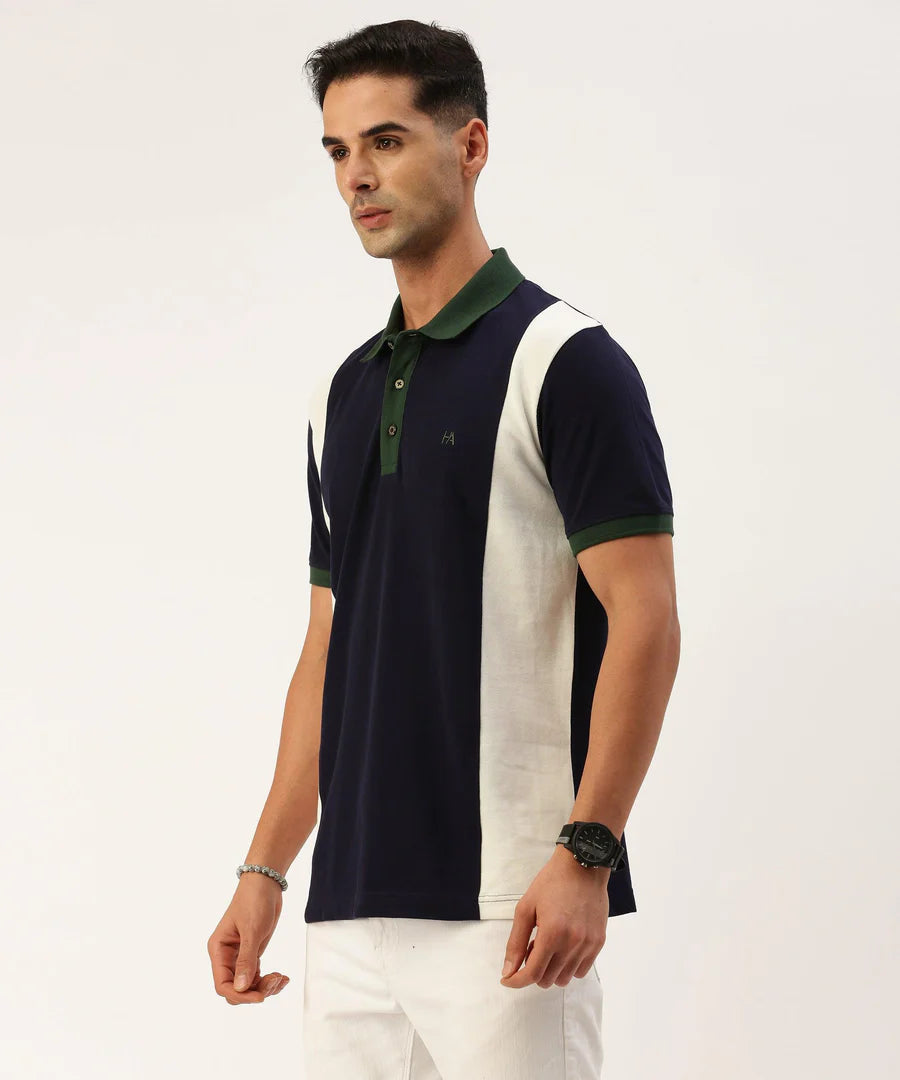 Men’s Navy Color Block Polo T-Shirt – Sharp Contrast Modern Smart Casual Wear