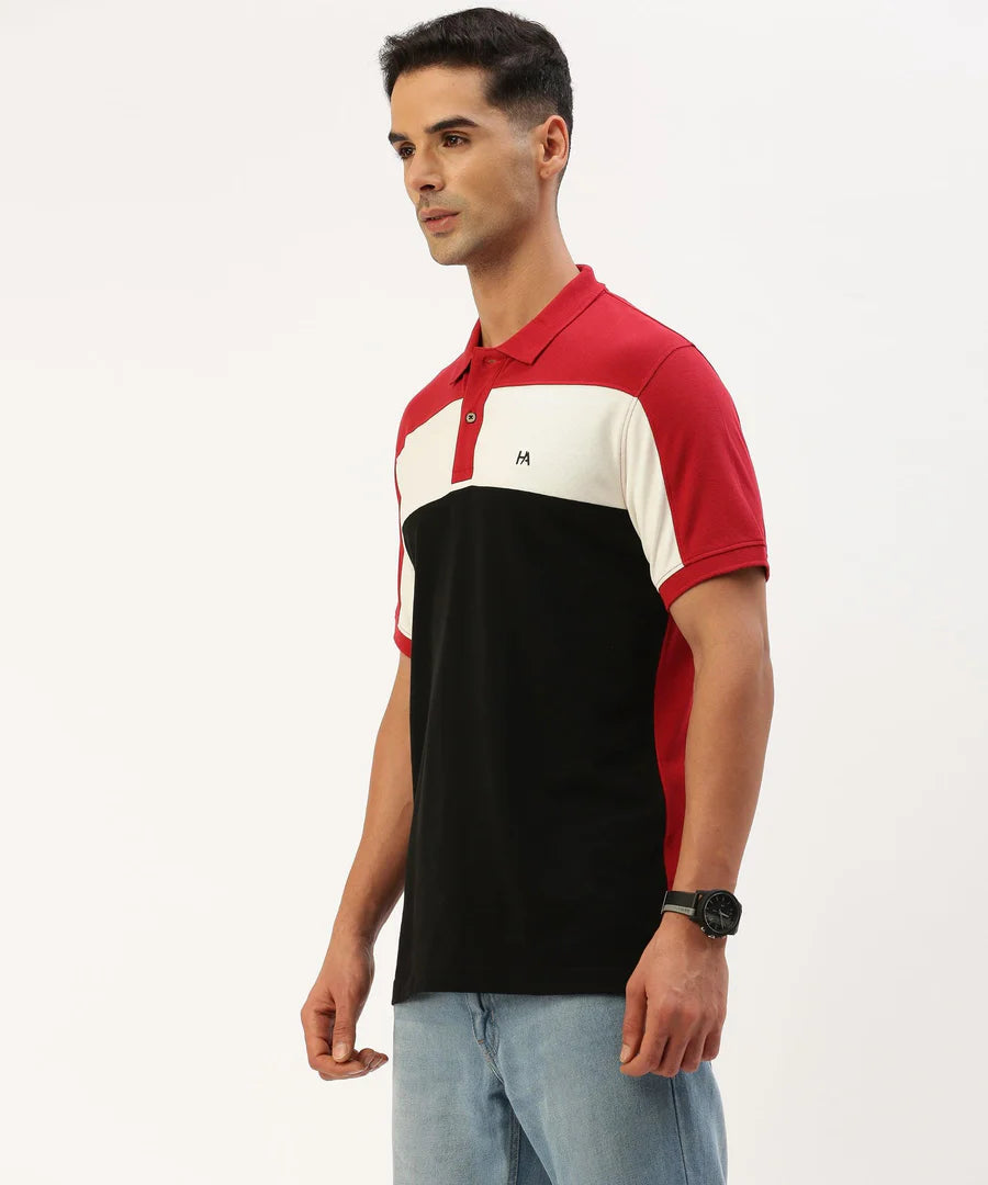 Men’s Crimson Red Color Block Polo T-Shirt – Bold Contrast Smart Casual Essential