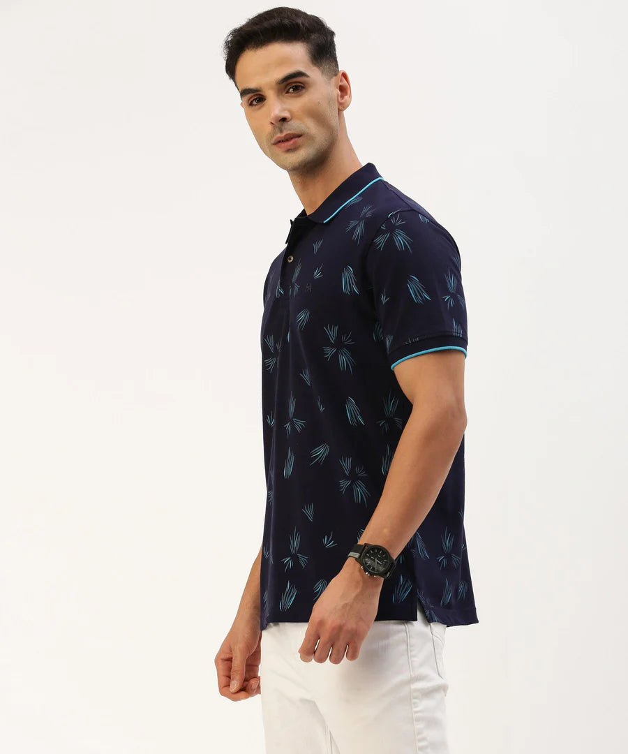 Men’s Navy Printed Polo T-Shirt – Refined Pattern Smart Casual Essential