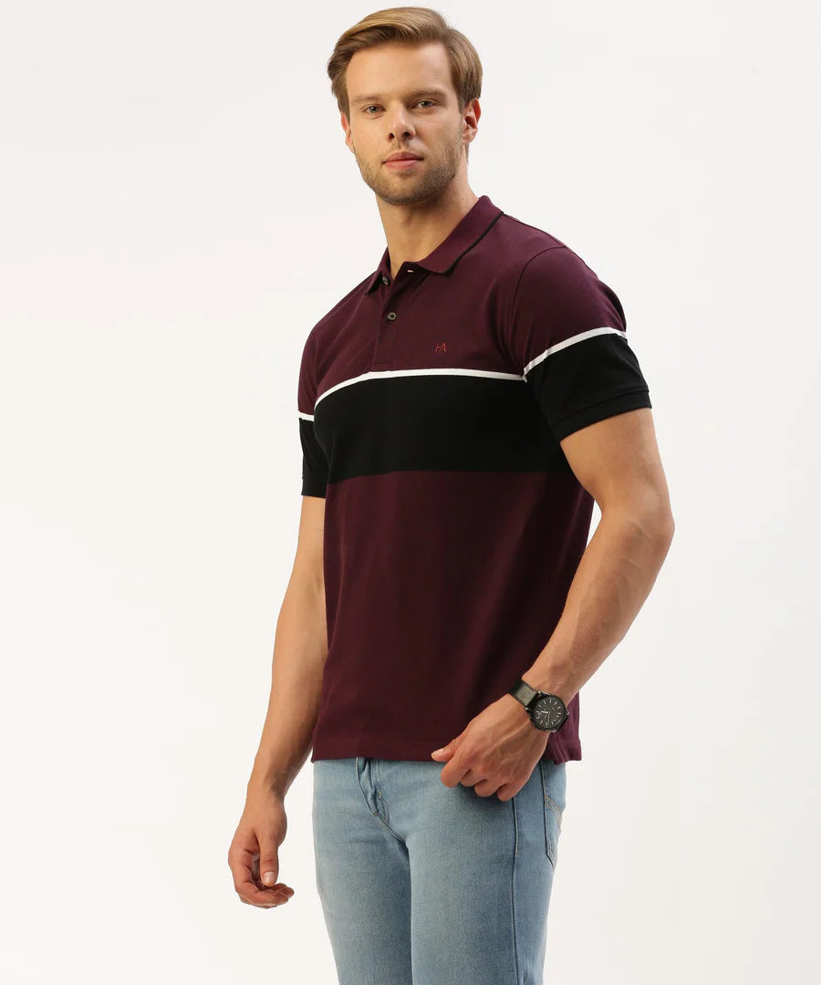 Men’s Wine Striped Polo T-Shirt – Rich Contrast Premium Smart Casual Wear