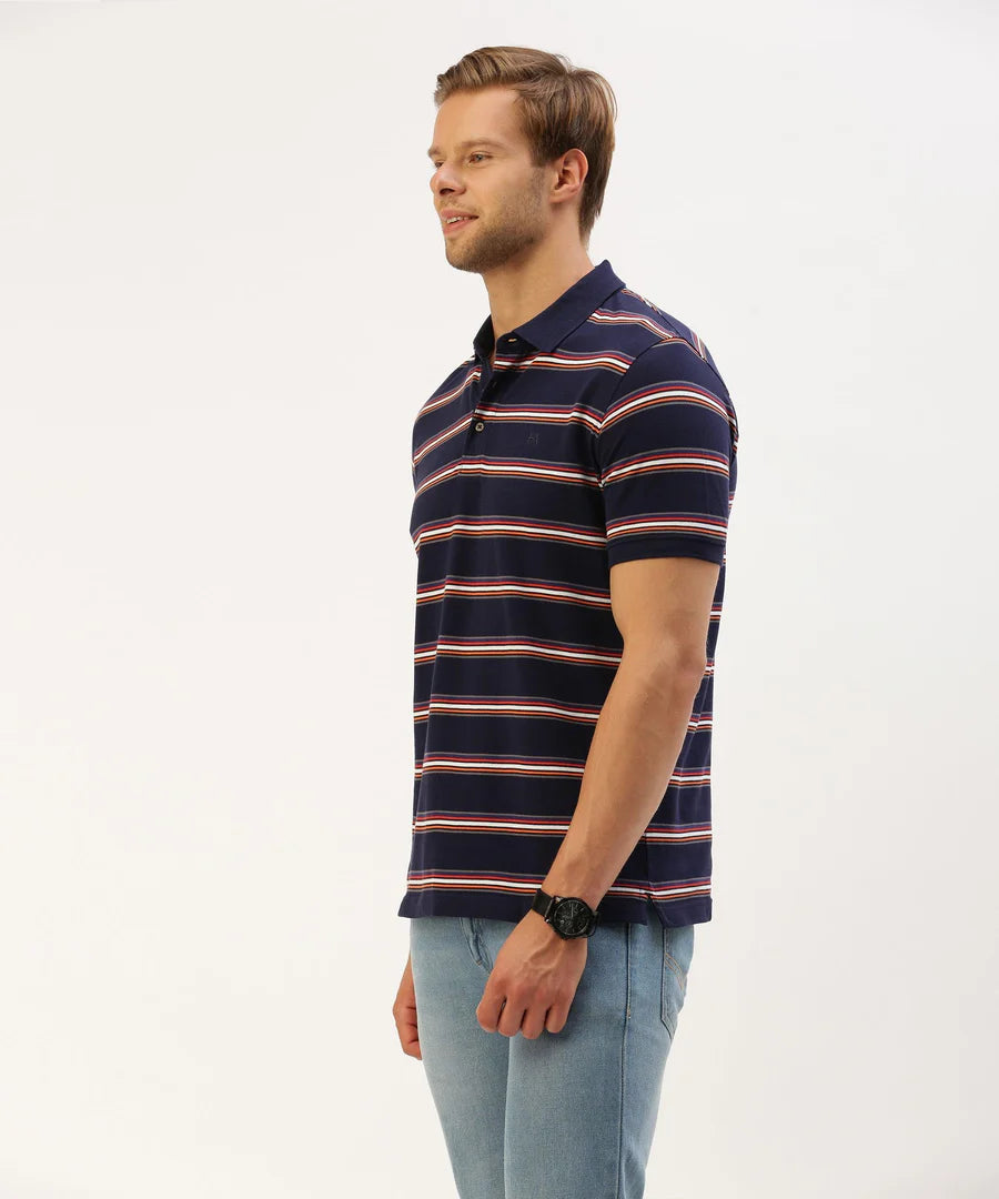 Men’s Navy Striped Polo T-Shirt – Refined Line Detail Smart Casual Wear