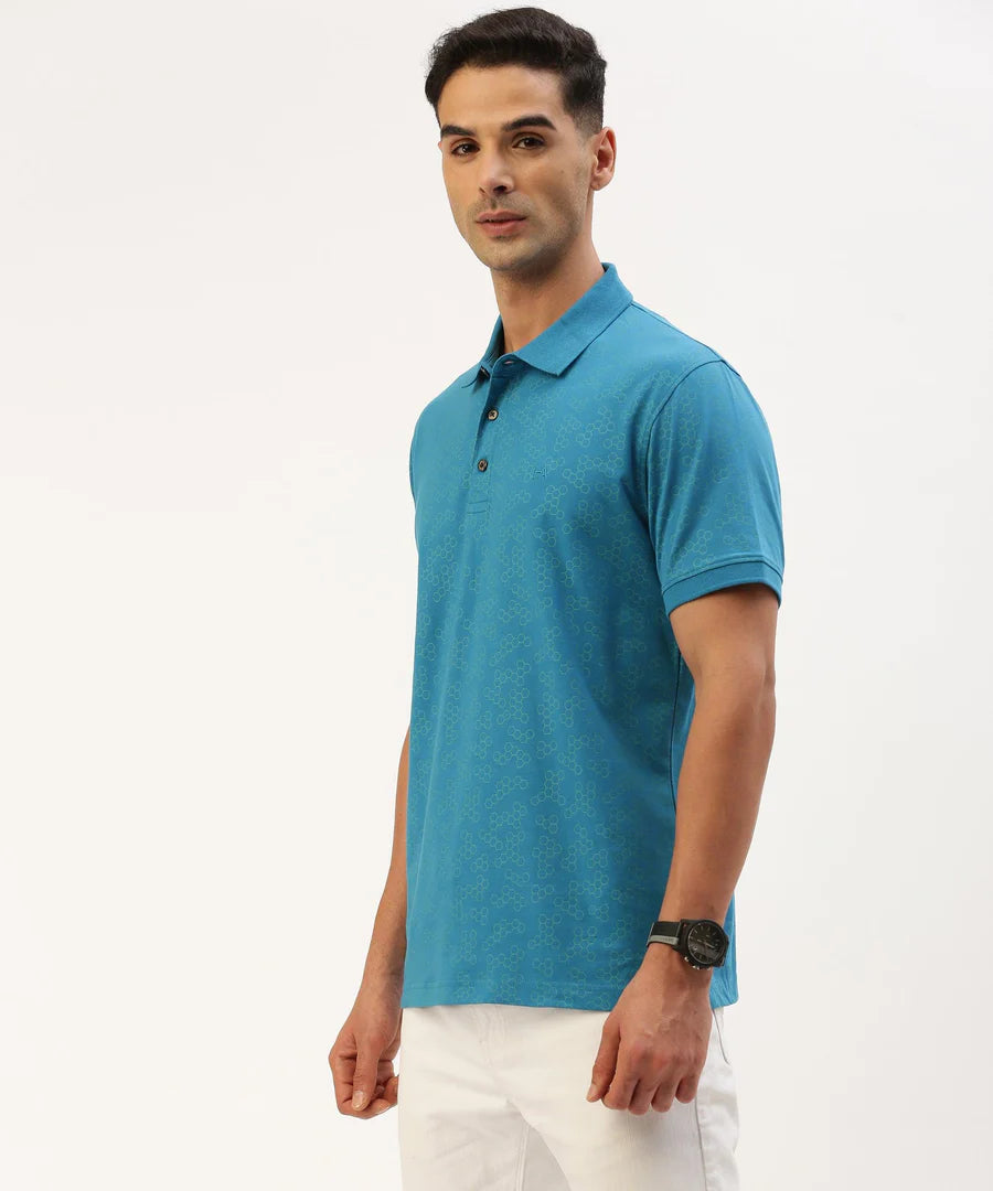 Men’s Teal Blue Printed Polo T-Shirt – Contemporary Pattern Smart Casual Essential