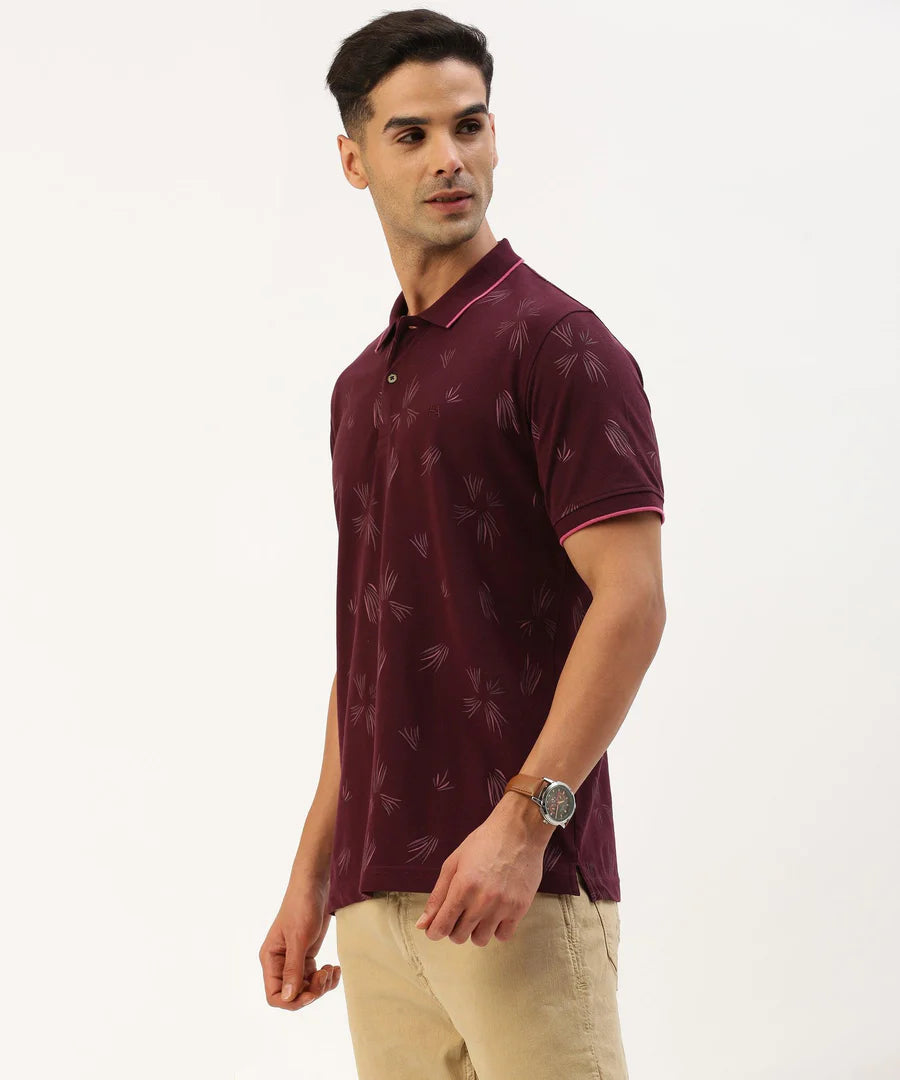 Men’s Deep Wine Printed Polo T-Shirt – Rich Pattern Premium Smart Casual Wear
