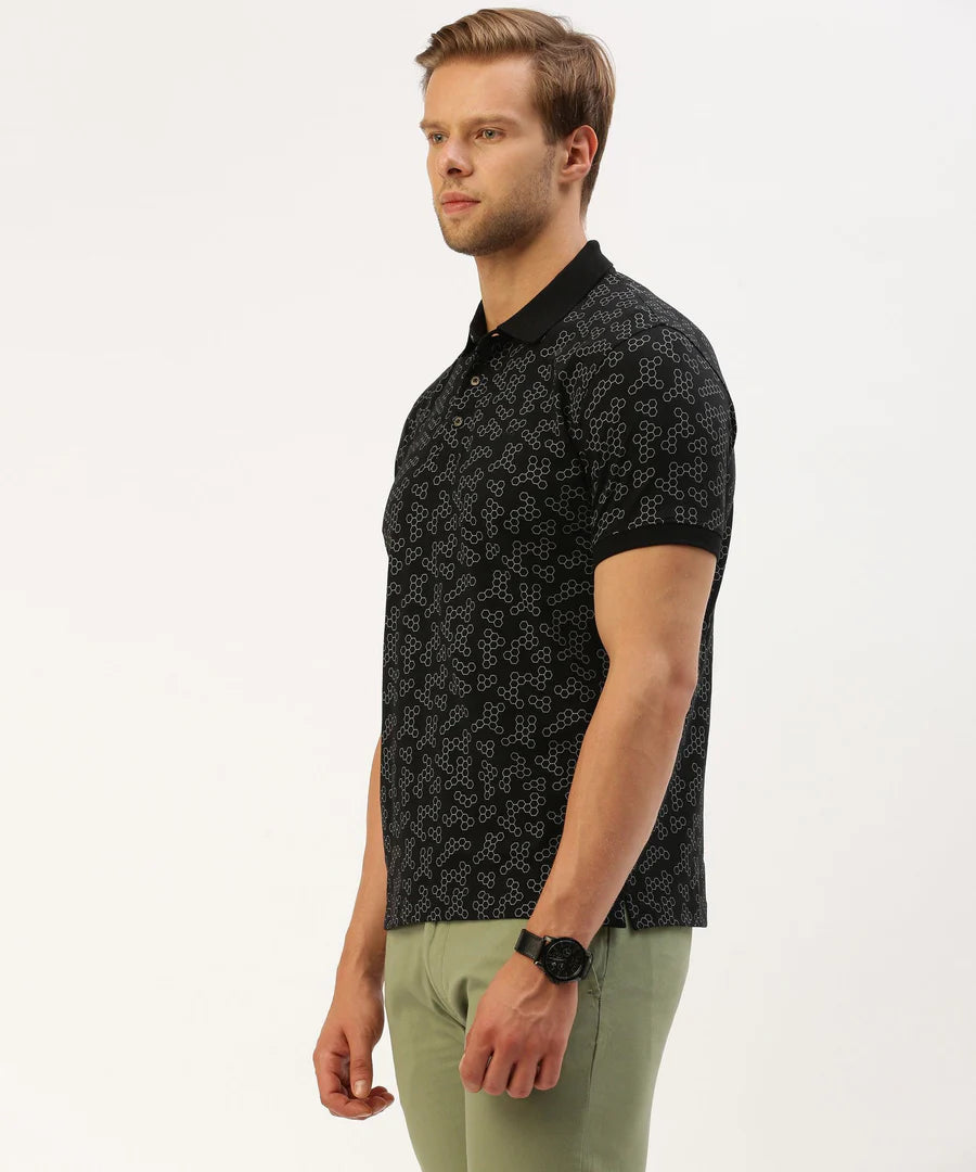Men’s Black Printed Polo T-Shirt – Bold Pattern Smart Casual Essential