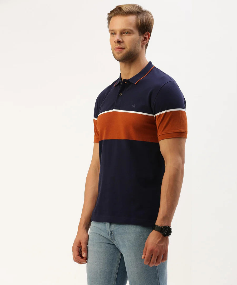 Men’s Navy Stripe Pattern Polo T-Shirt – Sharp Contrast Smart Casual Essential