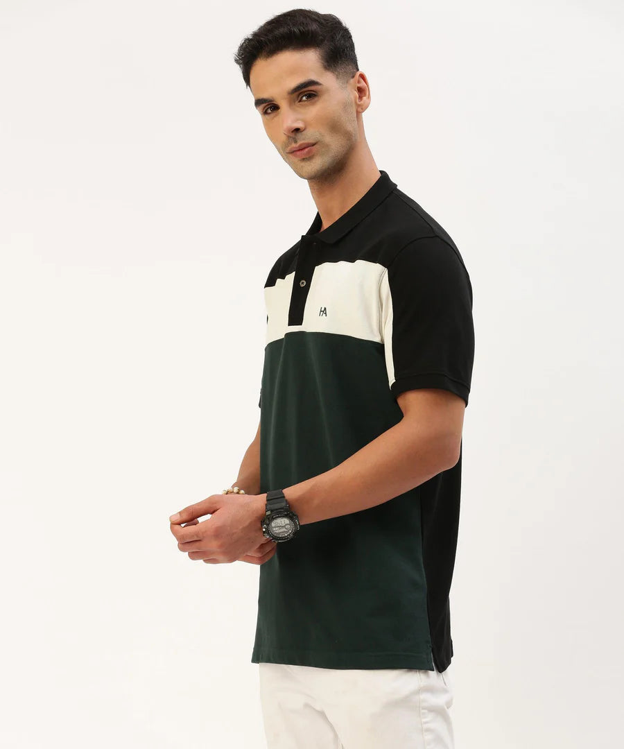 Men’s Black Color Block Polo T-Shirt – Bold Panel Contrast Smart Casual Essential