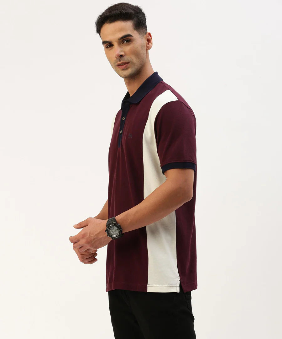 Men’s Deep Wine Color Block Polo T-Shirt – Bold Contrast Premium Smart Casual Wear
