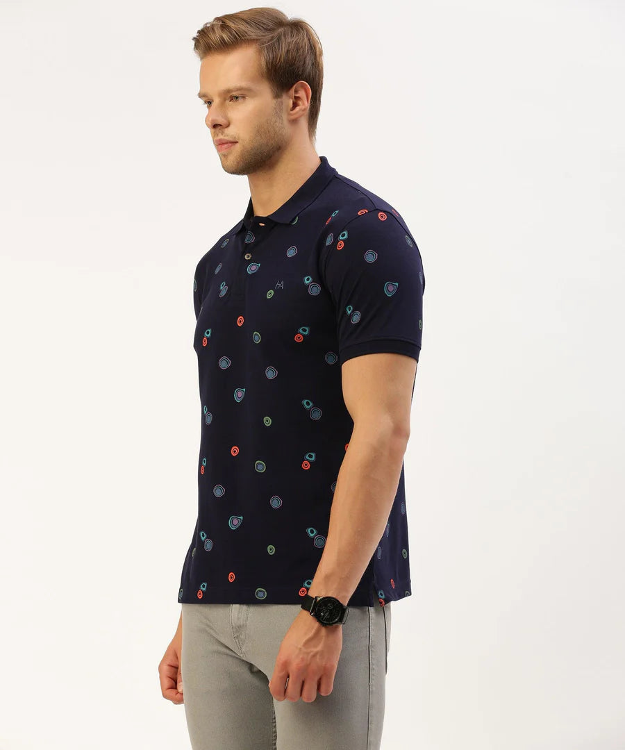 Men’s Midnight Navy Printed Polo T-Shirt – Premium Pattern Smart Casual Essential