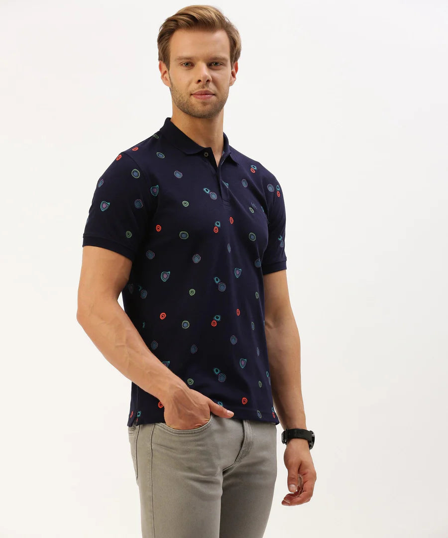 Men’s Midnight Navy Printed Polo T-Shirt – Premium Pattern Smart Casual Essential