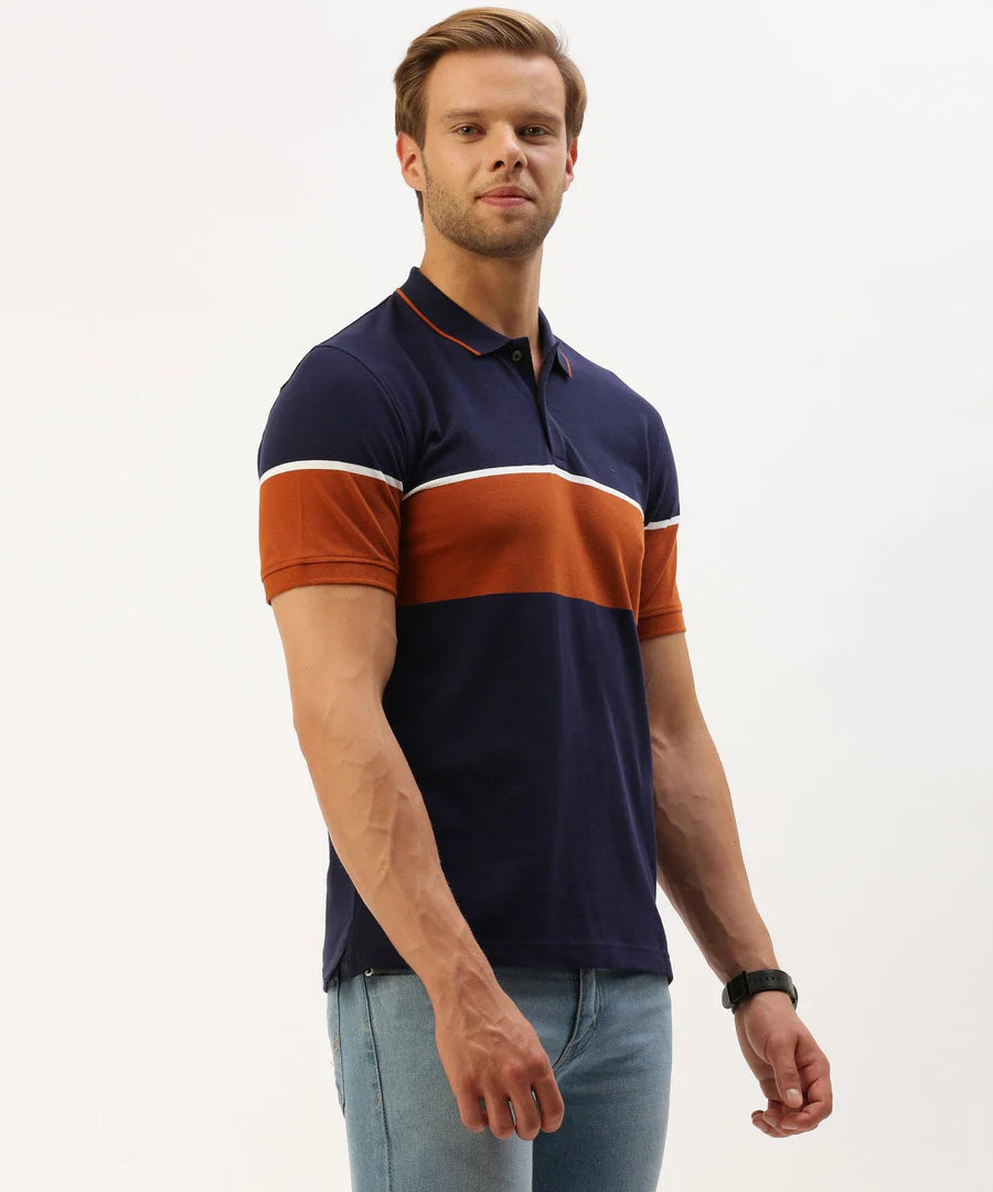 Men’s Navy Stripe Pattern Polo T-Shirt – Sharp Contrast Smart Casual Essential