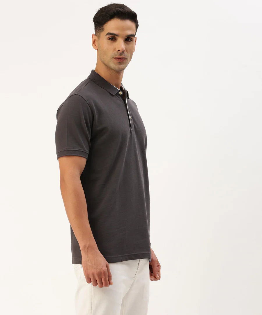 Men’s Dark Grey Solid Polo T-Shirt – Modern Minimal Smart Casual Essential