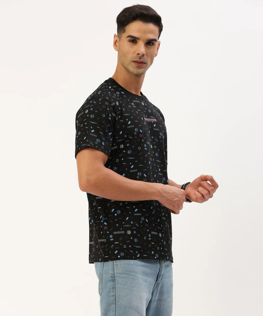 Men’s Jet Black Printed Crew Neck T-Shirt – Statement Graphic Casual Essential