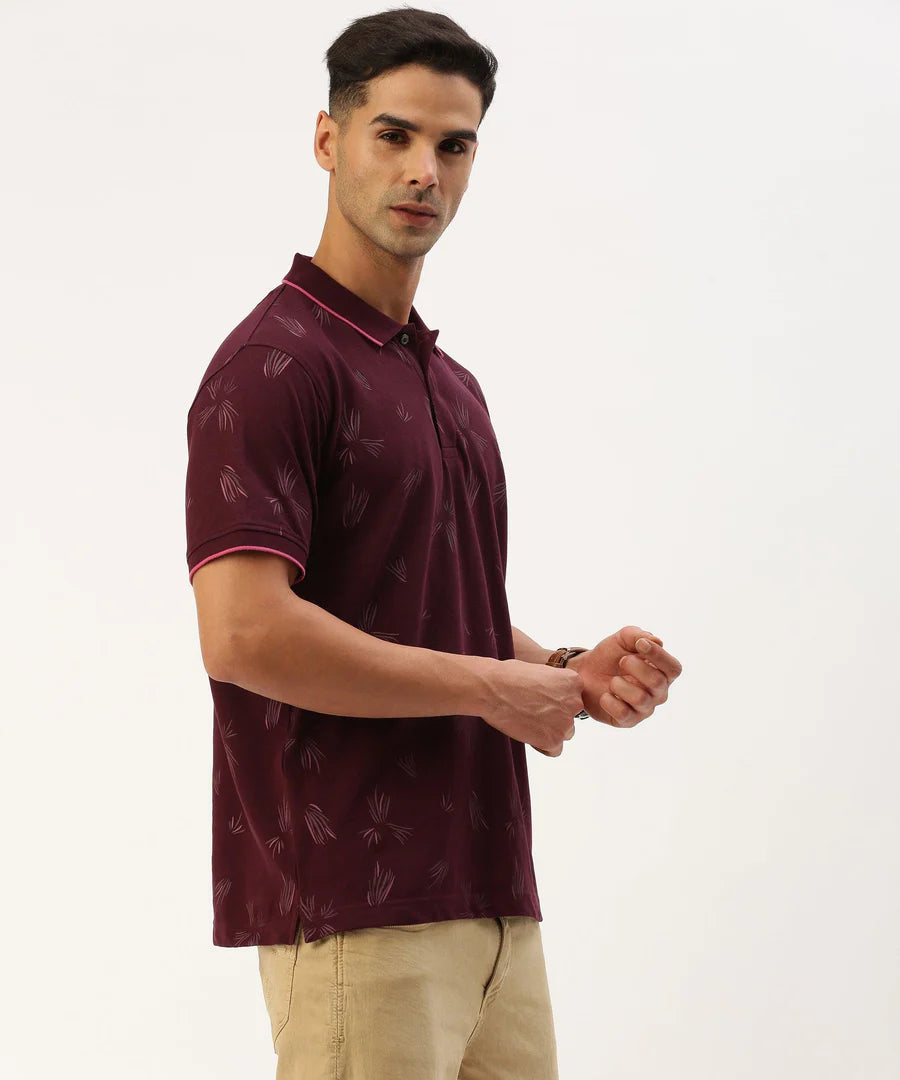 Men’s Deep Wine Printed Polo T-Shirt – Rich Pattern Premium Smart Casual Wear
