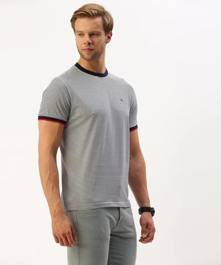 Men’s Navy Striped Crew Neck T-Shirt – Clean Line Casual Essential