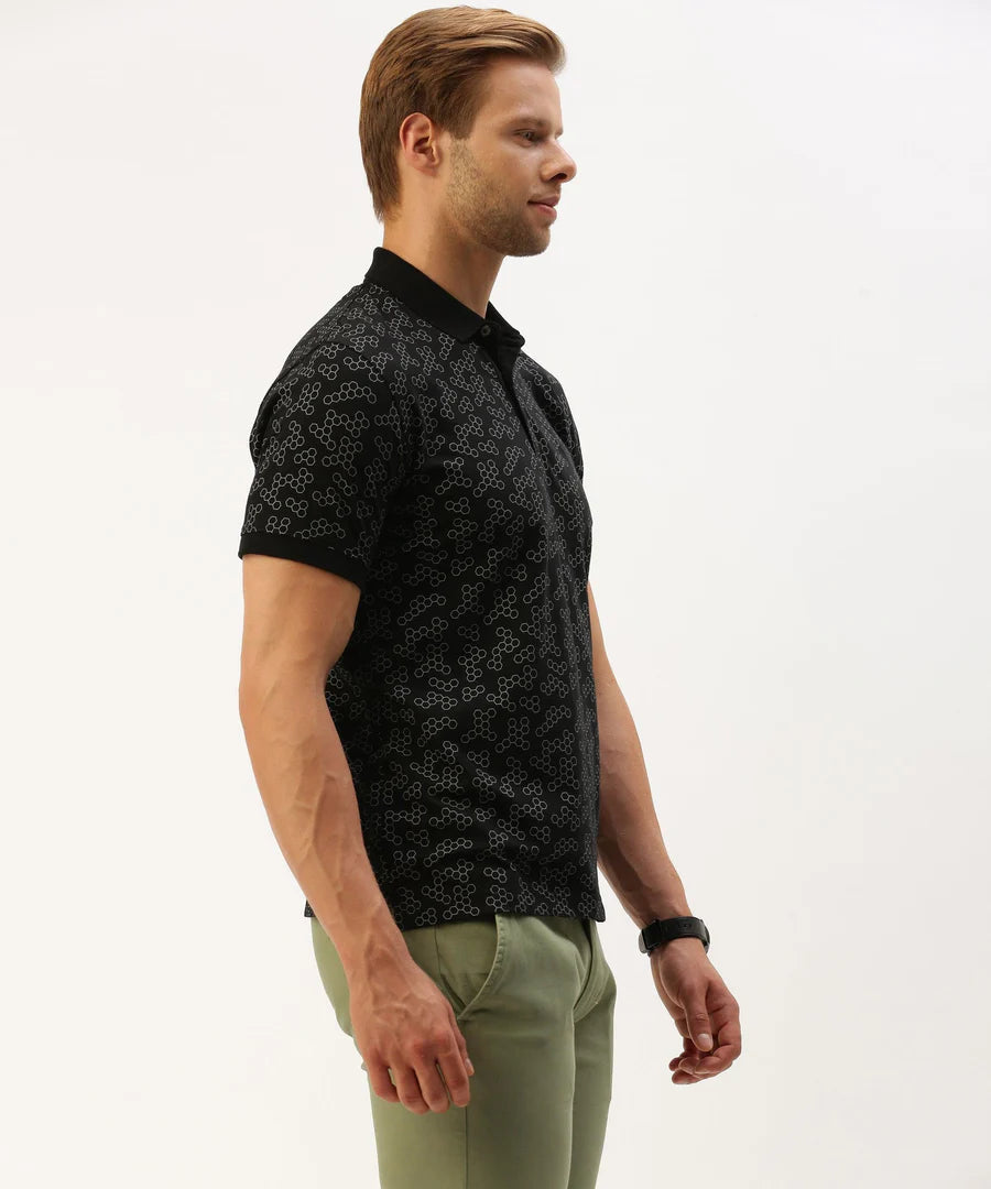 Men’s Black Printed Polo T-Shirt – Bold Pattern Smart Casual Essential