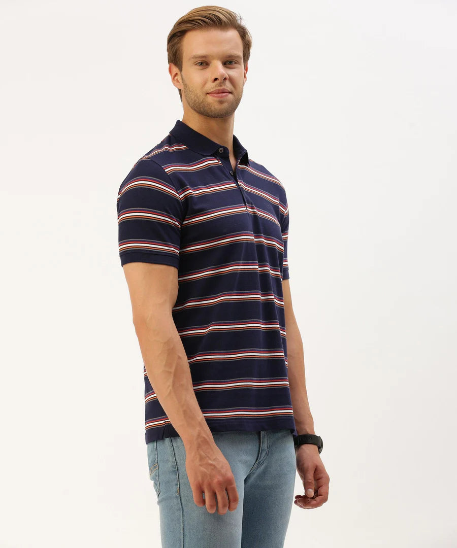 Men’s Navy Striped Polo T-Shirt – Refined Line Detail Smart Casual Wear
