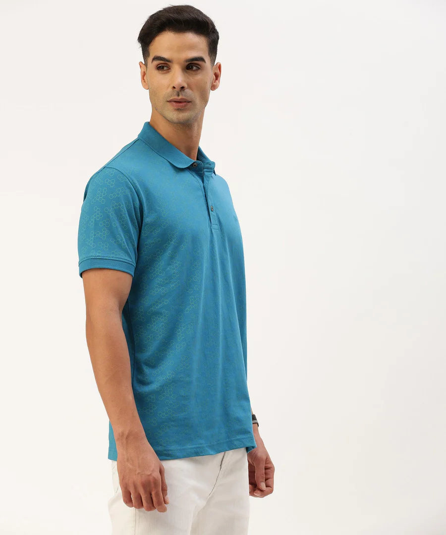 Men’s Teal Blue Printed Polo T-Shirt – Contemporary Pattern Smart Casual Essential