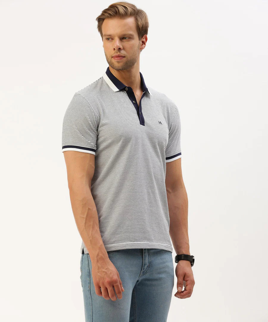 Men’s Navy Striped Polo T-Shirt – Classic Contrast Everyday Essential